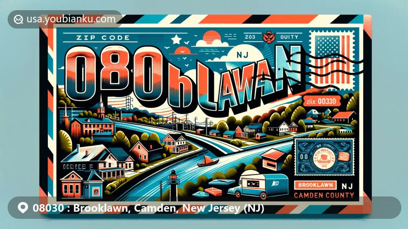 Modern illustration of Brooklawn, Camden, New Jersey, featuring a postal-themed rectangular envelope design with '08030' ZIP code, 'Brooklawn, NJ' inscription, New Jersey state flag, and Camden County outline.
