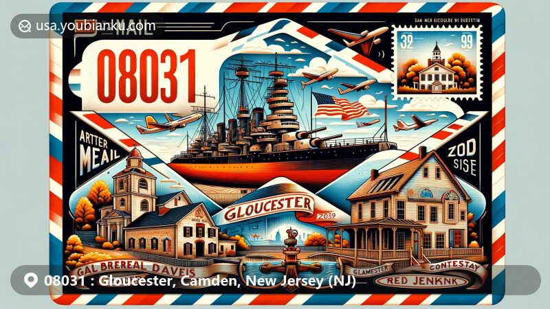 Modern illustration of Gloucester, Camden, New Jersey, showcasing postal theme with ZIP code 08031, featuring Battleship New Jersey and historical landmarks like Gabreil Daveis Tavern Museum House and Red Bank Battlefield.