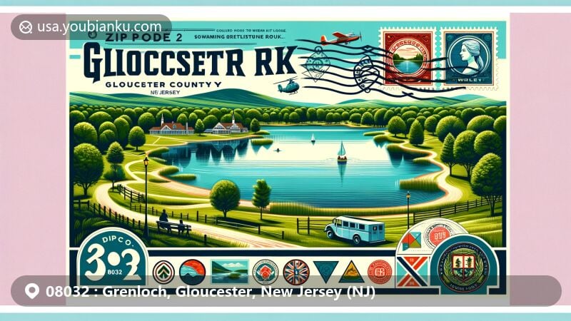 Modern illustration of Grenloch Lake Park in Gloucester County, New Jersey, showcasing postal theme with ZIP code 08032 and Scottish roots, featuring serene lake ideal for fishing and boating.