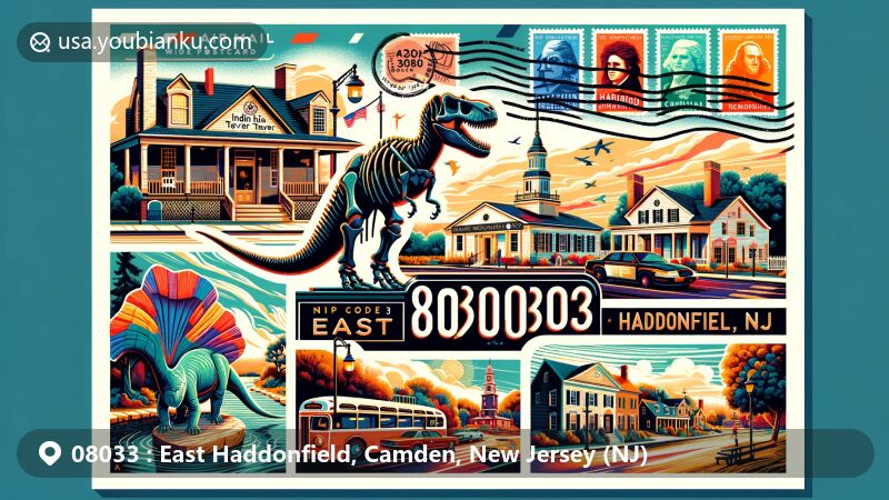 Illustration of East Haddonfield, Camden, New Jersey (08033) featuring Indian King Tavern, Hadrosaurus sculpture, Haddonfield Historic District architecture, and Cooper River, designed as a postcard with postal elements and modern art style.
