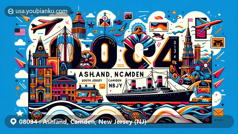 Modern illustration of Ashland and Camden, New Jersey, with postal theme and cultural elements, showcasing iconic symbols like Battleship New Jersey and Walt Whitman House, along with South Jersey Caribbean Festival and mural arts.
