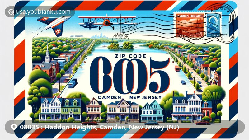 Modern illustration of Haddon Heights, Camden, New Jersey (NJ), showcasing postal theme with ZIP code 08035, featuring historic White Horse Pike, Queen Anne and Tudor Revival architectural styles, and Haddon Lake Park greenery and lake.