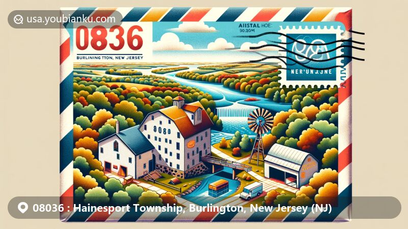 Modern illustration of Hainesport Township, Burlington County, New Jersey, featuring natural landscapes, Haines Mill, Rancocas Creek, county outline, and postal theme with ZIP code 08036.