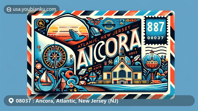 Modern illustration of Ancora, Atlantic, New Jersey (NJ), highlighting ZIP code 08037 on a large air mail envelope, featuring Batsto Village and elements representing Ancora and Atlantic County.