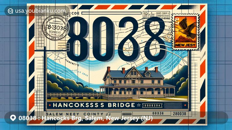 Modern illustration of Hancocks Bridge, Salem County, New Jersey, showcasing postal theme with ZIP code 08038, featuring Hancock House and New Jersey state symbols.