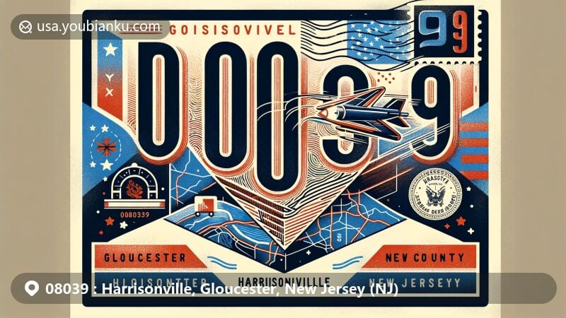 Modern illustration of Harrisonville, Gloucester County, New Jersey, showcasing postal theme with ZIP code 08039, featuring vintage postage stamp with New Jersey state flag, postmark 'Harrisonville, NJ', and airmail border in red, white, and blue colors.