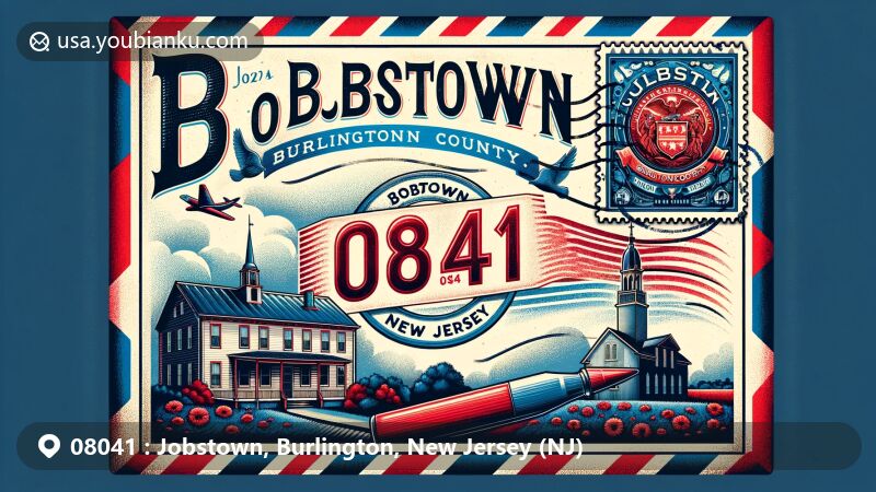 Vintage-style illustration of Jobstown, Burlington County, NJ, ZIP code 08041, showcasing airmail envelope with Burlington County seal stamp and Jobstown postmark, including Revell House silhouette.