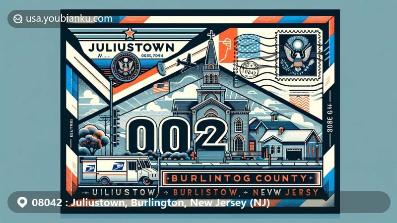 Modern illustration of Juliustown, Burlington County, New Jersey, capturing postal theme with ZIP code 08042, featuring New Jersey state flag and Burlington County map outline.