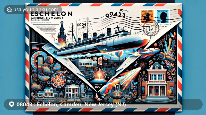 Modern illustration of Echelon, Camden, New Jersey, showcasing postal theme with ZIP code 08043, featuring Voorhees Town Center, Camden FireWorks, Battleship New Jersey, Walt Whitman House, and New Jersey state flag.