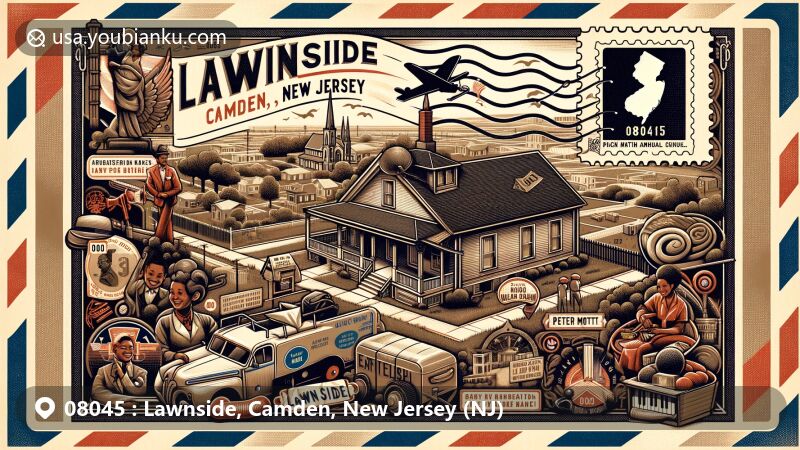 Modern illustration of Lawnside, Camden County, New Jersey, showcasing historic African American community with Mount Pisgah AME Church, Underground Railroad site, jazz and barbecue culture, and New Jersey state symbols.