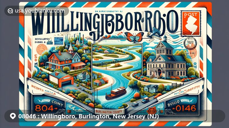 Modern illustration of ZIP code 08046, highlighting Willingboro, Burlington County, New Jersey's local landmarks, historical elements, and postal theme.