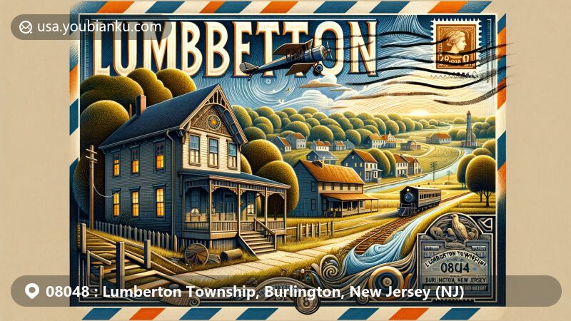 Modern illustration of Lumberton Township, Burlington County, New Jersey, showcasing postal theme with ZIP code 08048, featuring 1824 house symbolizing Underground Railroad history, agricultural landscape, and local flora.