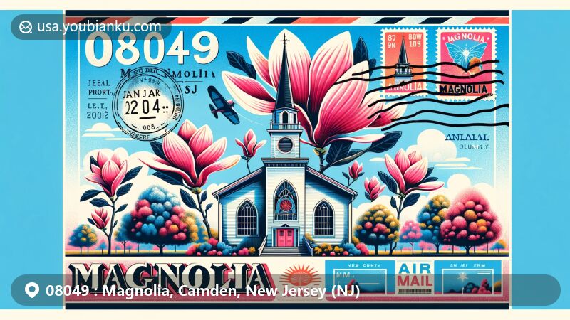 Modern illustration of Magnolia, Camden County, New Jersey, inspired by vintage airmail envelope, featuring Milestone Church, magnolia flowers, New Jersey state flag, and Camden County silhouette.