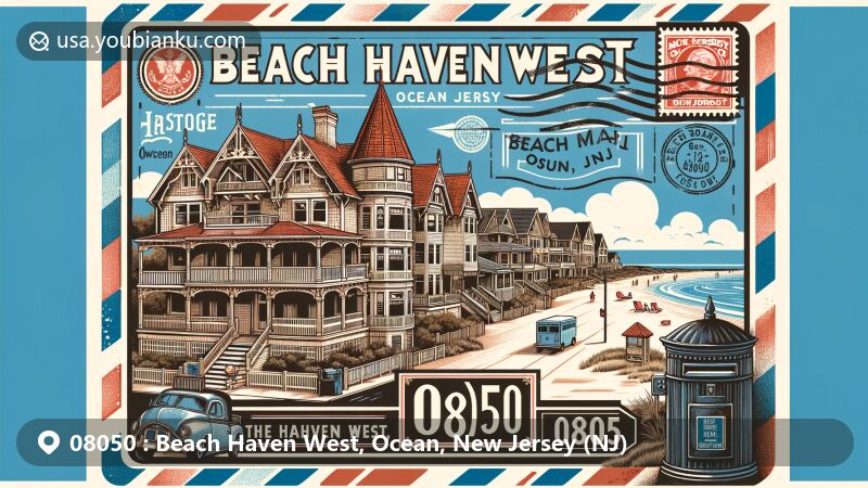 Modern illustration of Beach Haven West, Ocean County, New Jersey (NJ), showcasing Beach Haven Historic District's 19th-century resort architecture with Gothic, Queen Anne, and Shingle Style elements, along with lagoon landscapes and postal theme with ZIP code 08050.