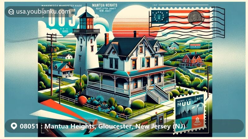 Modern illustration of Mantua Heights, Gloucester County, New Jersey, featuring the historic Thomas Carpenter House, lush green parks, scenic trails, and vibrant local businesses, with postal elements including a vintage airmail envelope, American postal stamp, and postmark.