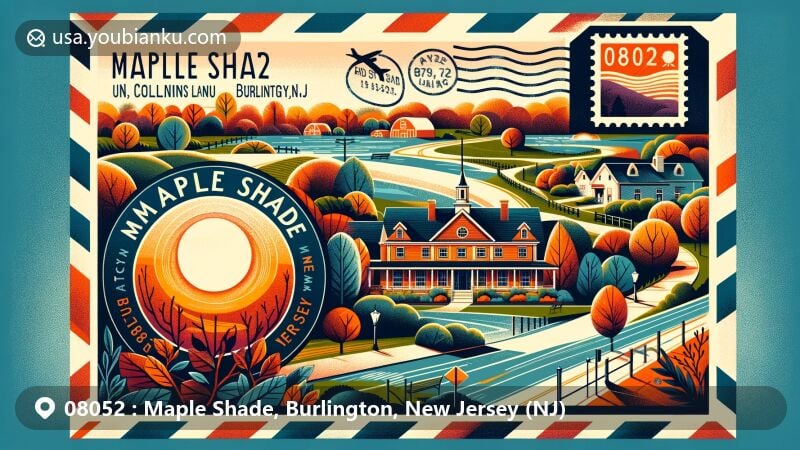 Modern illustration of Maple Shade, Burlington County, New Jersey, showcasing postal theme with ZIP code 08052, featuring Collins Lane House and Park, and community elements, in a vibrant and engaging design.