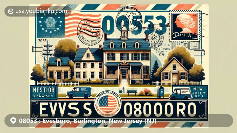 Vintage illustration of Evesboro, Burlington, New Jersey (NJ), highlighting historical landmarks like Thomas Eves House and Jacob Hewlings House, reflecting Quaker roots and agricultural heritage, with NJ state symbols and postal theme.