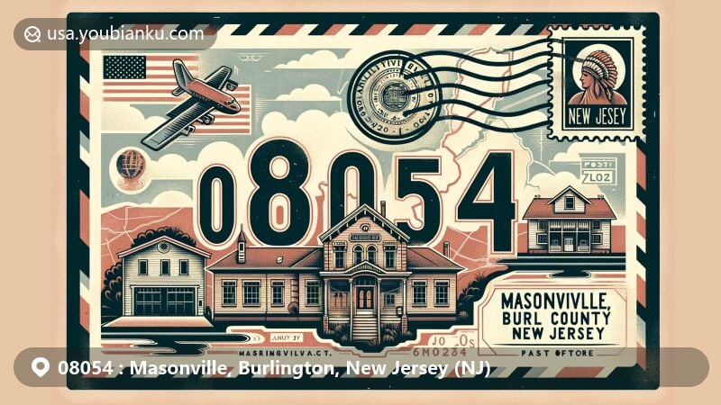Vintage illustration of Masonville, Burlington, New Jersey (NJ), resembling classic airmail envelope, showcasing ZIP code 08054, Burlington County map, Darnell House, & historical general store, with New Jersey state symbols.