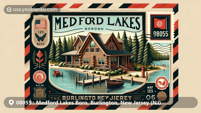 Modern illustration of Medford Lakes Borough, Burlington County, New Jersey, featuring picturesque log cabin symbolizing unique architectural style, surrounded by 22 lakes reflecting community's connection to nature and rustic beauty.