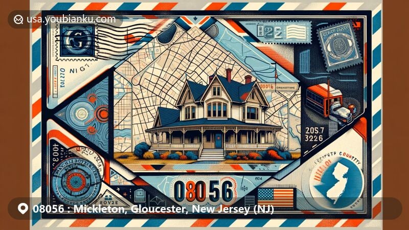 Modern illustration of Mickleton, Gloucester County, New Jersey, showcasing postal theme with ZIP code 08056, featuring Bodo Otto House and New Jersey state flag.
