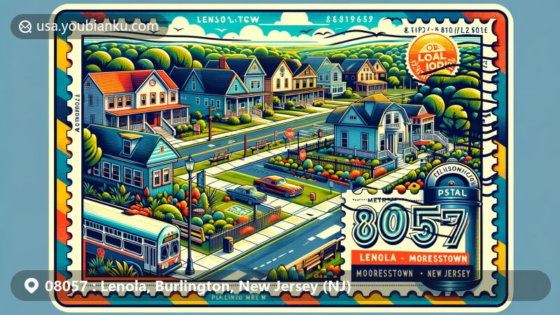 Modern illustration of Lenola and Moorestown, Burlington County, New Jersey, highlighting postal theme with ZIP code 08057, blending local culture and suburban charm.