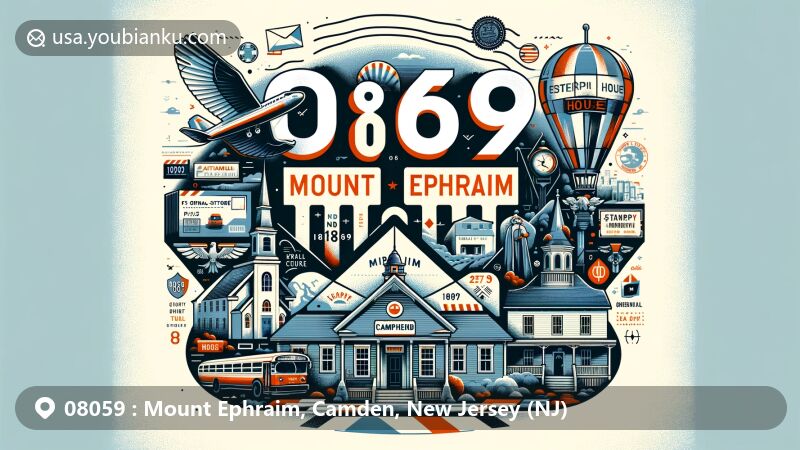 Modern illustration of Mount Ephraim, Camden, New Jersey, depicting postal theme with ZIP code 08059, featuring historic landmarks like Public House, Mount Ephraim Baptist Church, and Mount Ephraim Borough Hall.