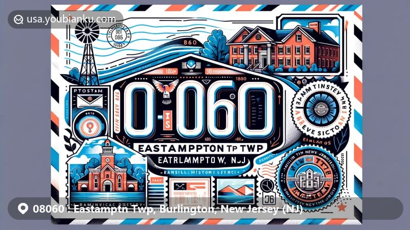 Modern illustration of Eastampton Twp, Burlington, New Jersey, highlighting ZIP code 08060 with air mail envelope design, featuring Smithville Historic District and New Jersey state flag.