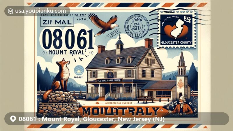 Modern illustration of Mount Royal, Gloucester County, New Jersey, in air mail envelope style showcasing postal theme with ZIP code 08061, featuring 'Death of the Fox' tavern, New Jersey state flag, Angel Visit Baptist Church stamp, and Gloucester County map.