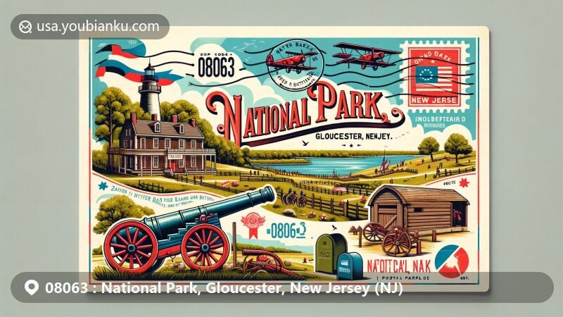 Modern illustration of National Park, Gloucester County, NJ, ZIP code 08063, featuring Red Bank Battlefield and Delaware River, with vintage postal theme and New Jersey state symbols.