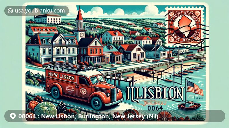Modern illustration of New Lisbon, Burlington, New Jersey, showcasing a typical American small-town ambiance with Pine Barrens elements, vintage postage stamp, and postal theme, ideal for website display.