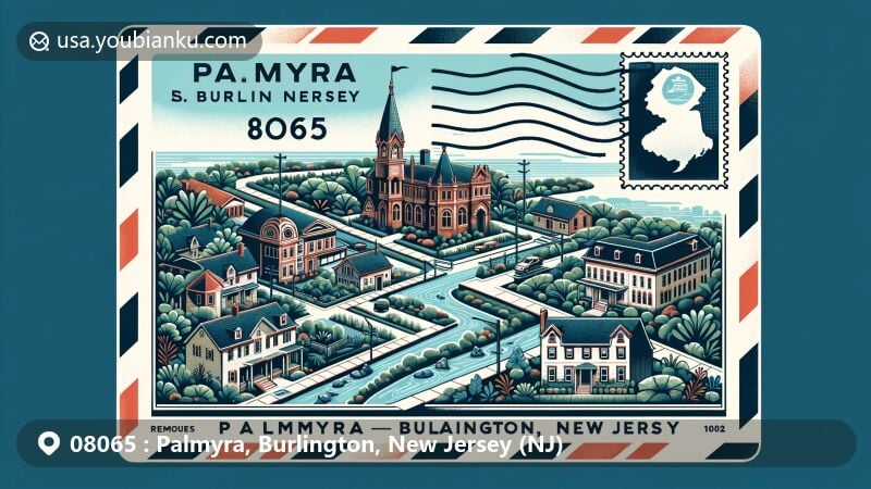 Modern illustration of Palmyra, Burlington County, New Jersey, featuring historic street layout inspired by Philadelphia, Palmyra Nature Cove elements, and fictional postage stamp with NJ state flag.