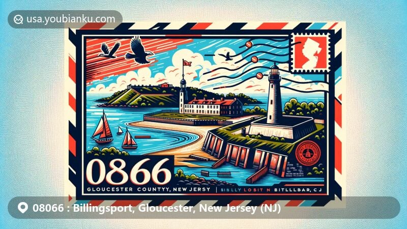 Artistic depiction of Billingsport area, Gloucester County, New Jersey, through a wide postcard or airmail envelope, featuring Delaware River, Fort Billingsport highlighting American Revolutionary role, Tinicum Rear Range Light, NJ state flag postage stamp, '08066' postal stamp, and stylized county map.