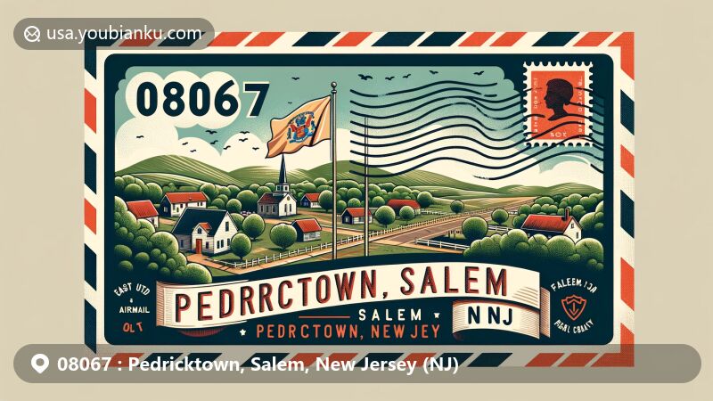 Modern illustration of Pedricktown, Salem, New Jersey, featuring ZIP code 08067 in airmail envelope theme with state emblem and East Coast landscapes.