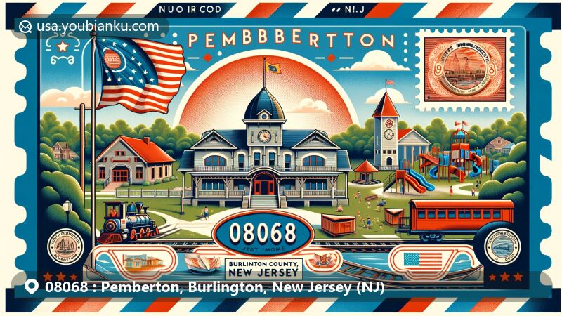 Modern illustration of Pemberton, Burlington County, New Jersey, featuring state flag, North Pemberton Railroad Station Museum, Imagination Kingdom playground, and postal elements like ZIP code 08068 and a small mailbox.
