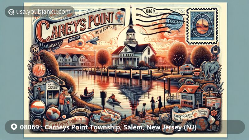 Creative modern postcard illustration showcasing the essence of Carneys Point Township, New Jersey, with serene Delaware River view, historic Old Salem County Courthouse, community spirit, and postal theme with ZIP code 08069.