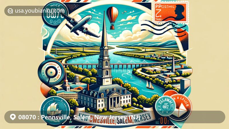 Modern illustration of Pennsville, Salem, New Jersey depicting New Sweden Heritage Monument and Delaware River, integrated with postal theme elements like air mail envelope, postage stamp, postmark, and '08070' ZIP code.