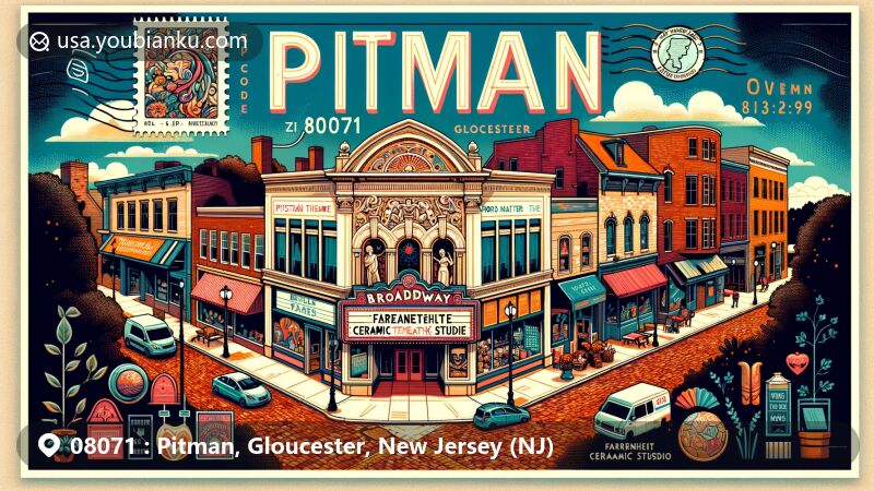 Wide-format postcard illustration of Pitman, Gloucester, New Jersey, showcasing Broadway Theatre, Fahrenheit Ceramic Studio, Words Matter Bookstore, brick-paved sidewalks, and diverse dining options, with postal stamps and postmark displaying ZIP code 08071.