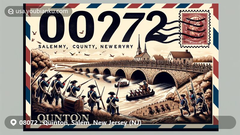 Modern illustration of Quinton, Salem County, New Jersey, featuring vintage airmail envelope with Quinton's Bridge from Revolutionary War era, soldiers in colonial uniforms, and Alloways Creek, showcasing Salem County's rural beauty and New Jersey state flag.