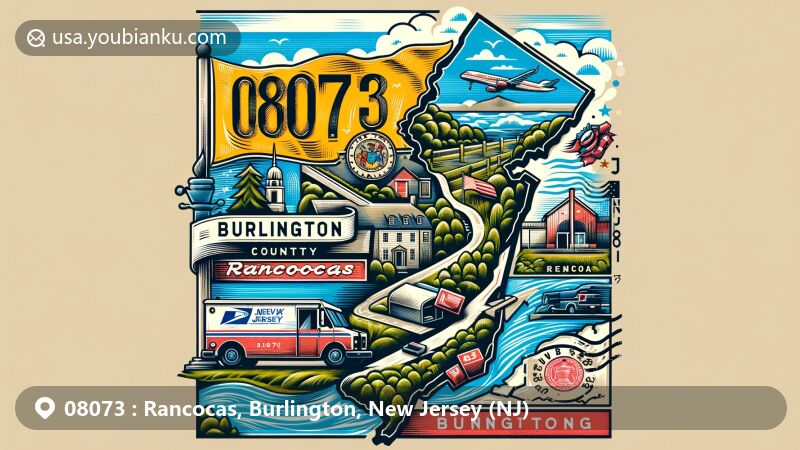 Modern illustration of Rancocas, Burlington, New Jersey, showcasing postal theme with ZIP code 08073, featuring New Jersey state flag and postal elements.