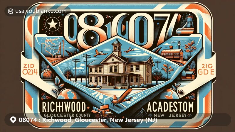 Modern illustration of Richwood, Gloucester County, New Jersey, showcasing postal theme with ZIP code 08074, featuring Richwood Academy and community spirit symbols.