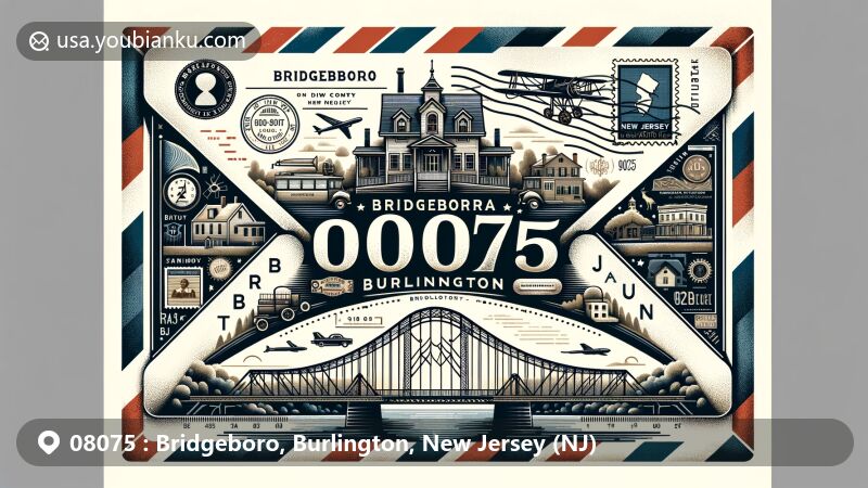 Vintage illustration of Bridgeboro, Burlington County, New Jersey, showcasing postal theme with ZIP code 08075, featuring iconic Bridgeboro Bridge and local historical symbols.