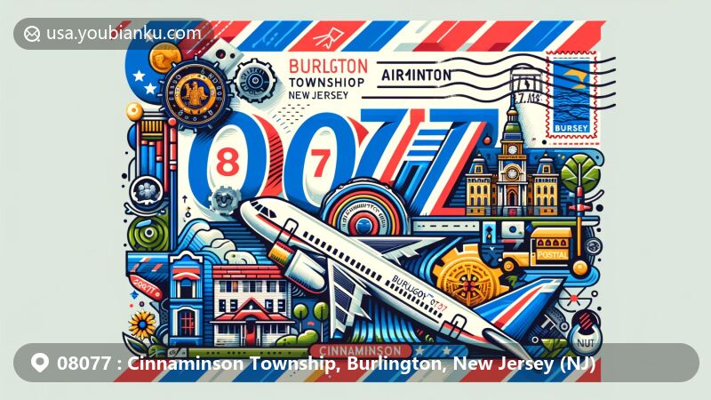 Modern illustration of Cinnaminson Township, Burlington County, New Jersey, capturing postal theme with ZIP code 08077, showcasing state symbols, local landmarks, and postal elements.