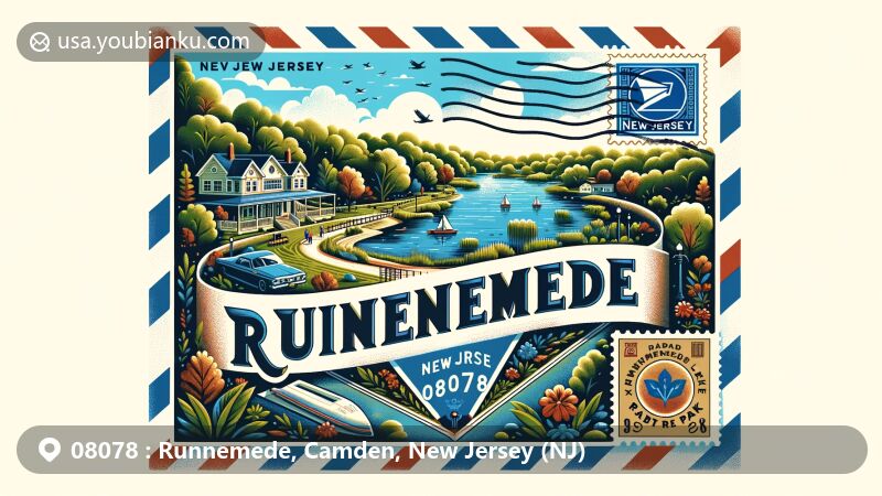 Modern illustration of Runnemede, Camden, New Jersey, showcasing community spirit, neighborhood cooperation, and family-friendly environment, with a nod to postal theme featuring ZIP code 08078 and New Jersey's silhouette.