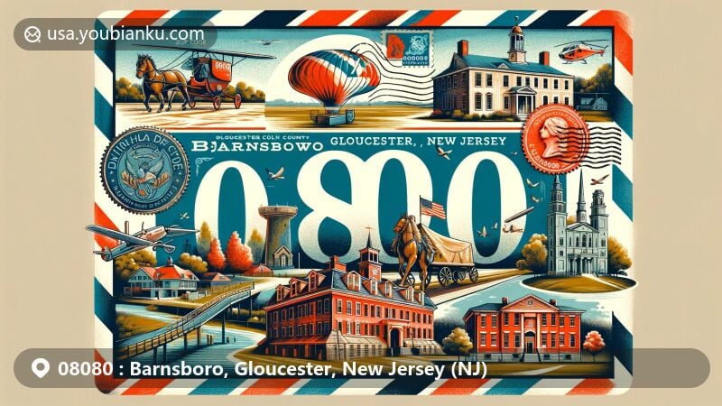 Modern illustration of Barnsboro, Gloucester County, New Jersey, featuring vintage airmail envelope with ZIP code 08080 and iconic county landmarks like Red Bank Battlefield, Mullica Hill, and Pitman Grove.
