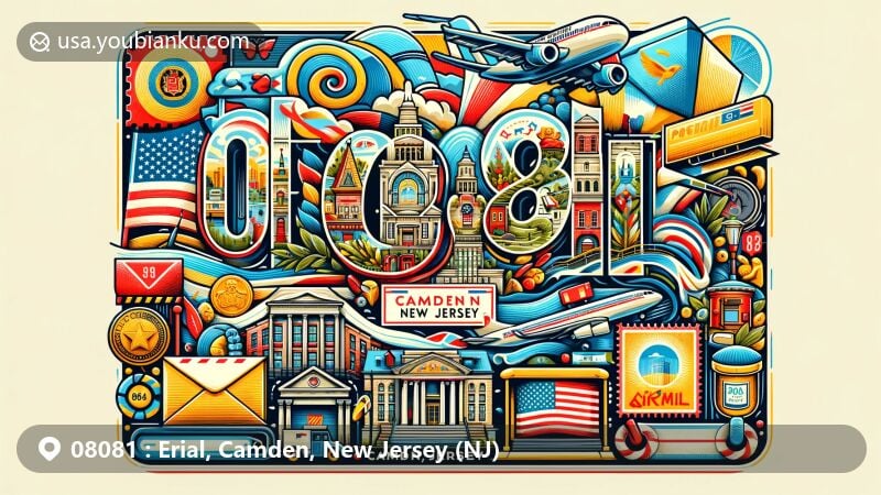 Modern illustration of Erial, Camden County, New Jersey, showcasing postal theme with ZIP code 08081, featuring New Jersey state flag and county outline.