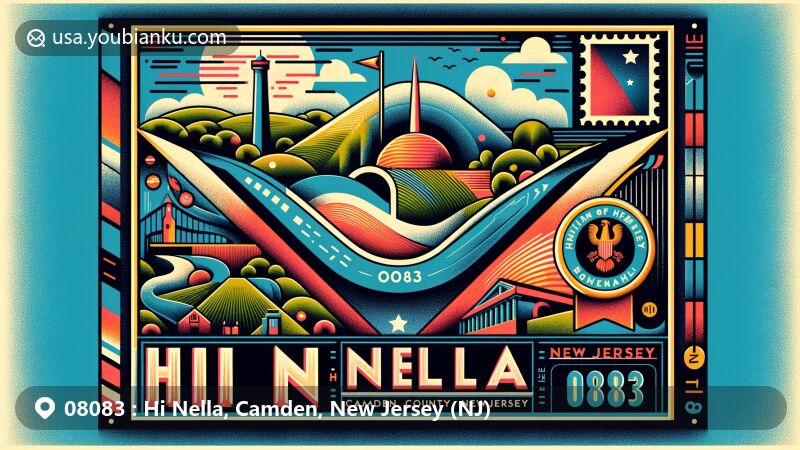 Modern illustration of Hi Nella, Camden County, New Jersey, featuring postal theme with ZIP code 08083, incorporating elements like high ground and New Jersey state flag, highlighting traditional postal elements.