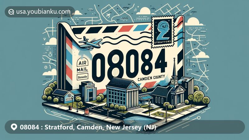 Modern illustration of Stratford, Camden County, New Jersey, showcasing postal theme with ZIP code 08084, featuring local landmarks and community spirit.