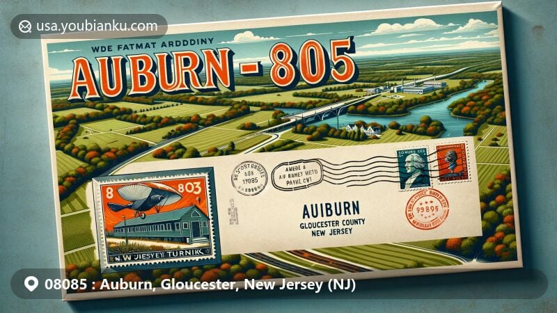 Modern illustration of Auburn area, Gloucester County, New Jersey, highlighting postal theme with ZIP code 08085, featuring green fields, Oldmans Creek, New Jersey Turnpike, and vintage postcard with state symbols.