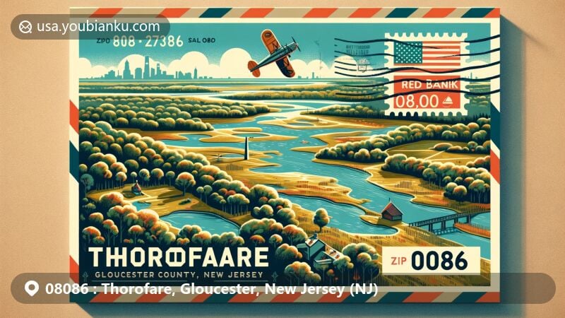 Modern illustration of Thorofare, Gloucester County, New Jersey, featuring enchanting natural landscape with woodlands, lakes, and rivers, highlighting Red Bank Battlefield Park and incorporating ZIP code 08086 in an air mail envelope theme. Includes New Jersey state flag on postage stamp and Gloucester County silhouette on postmark.