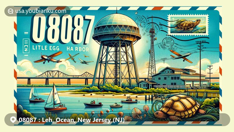 Modern illustration of Little Egg Harbor, Ocean County, New Jersey, showcasing Tuckerton Wireless Tower surrounded by bay activities, wildlife like Diamondback Terrapin, and tranquil bay scenery, integrated with postal elements like stamps and ZIP code 08087.